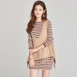 Set: Striped Long-sleeve Knit Dress + V-neck Fringe Hem Knit Vest