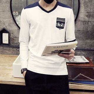 Printed Pocket Color Panel Long Sleeve T-shirt