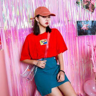Elbow-sleeve Cropped Applique T-shirt