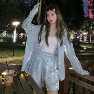 Long-sleeve Holographic Shirt/ Elastic-waist Holographic Short/ Plain Camisole