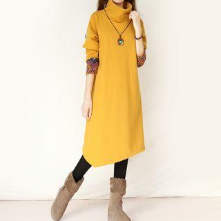 Long-sleeve Pattern Panel Turtleneck Shift Dress