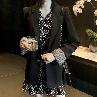 Button Blazer / Long-sleeve Mini Dotted A-line Dress