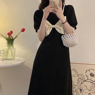 Puff Sleeve Bow Midi A-line Dress