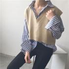 Striped Long-sleeve Shirt / Plain V-neck Sweater Vest