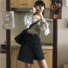 Off-shoulder Balloon-sleeve Chiffon Blouse / Asymmetric Mini A-line Denim Skort