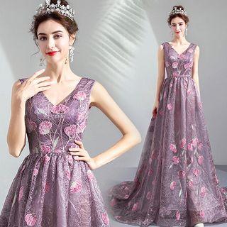 V-neck Sleeveless Embroidered A-line Evening Gown
