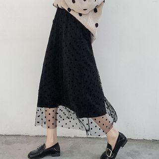 Dotted Mesh Overlay Midi Velvet Skirt