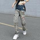 Mid Rise Printed Distressed Straight Leg Jeans