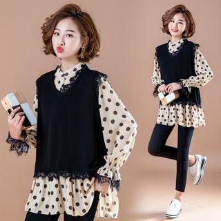 Set: Long-sleeve Dotted Shirt + Lace-trim Vest