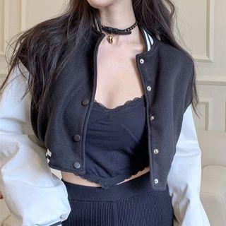 Color Block Snap Button Crop Baseball Jacket