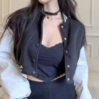 Color Block Snap Button Crop Baseball Jacket