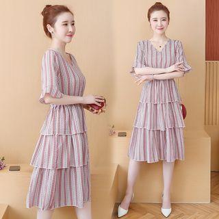 Patterned Elbow-sleeve Tiered Dress