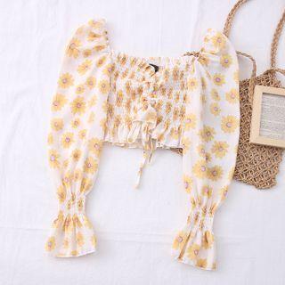 Daisy-print Drawstring Smocked Crop Top White - One Size