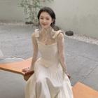Long-sleeve Lace Top / Plain Camisole Top / Pleated Midi A-line Skirt