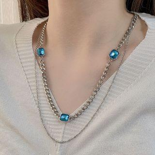 Faux Crystal Layered Stainless Steel Necklace Blue & Silver - One Size