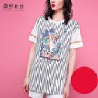 Printed Pinstriped Short-sleeve Long T-shirt