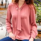 Puff-sleeve Tie-neck Blouse Dark Pink - L