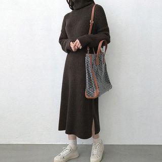 High-neck Slit-side Long Sweater Dress