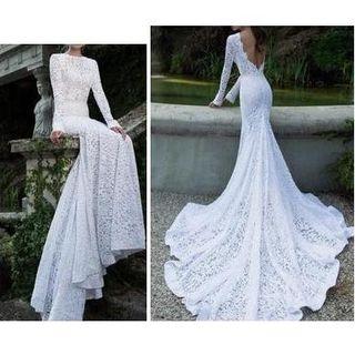 Open Back Long Sleeve Trained Lace Wedding Dress