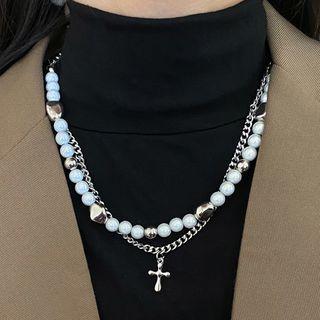 Cross Pendant Faux Pearl Layered Necklace Silver - One Size