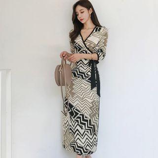 3/4-sleeve Patterned Midi Wrap Dress