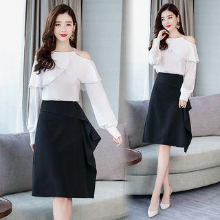 Set: Ruffled Cold-shoulder Blouse + A-line Skirt