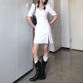 Puff-sleeve Slit A-line Mini Dress