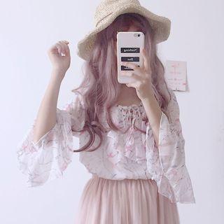 Printed Ruffle Trim 3/4-sleeve Top