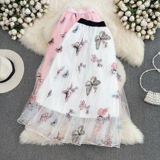 Butterfly Embroidered Mesh Skirt