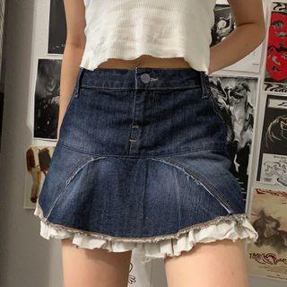 Ruffle Trim Low Waist Denim Mini Skirt