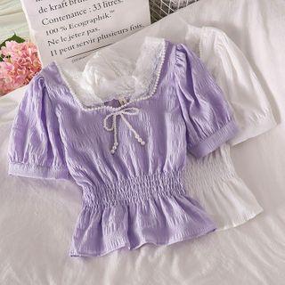 Lace Square-neck Short-sleeve Slim-fit Top