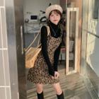 Long-sleeve Turtle Neck Knit Top / Leopard Print Mini A-line Pinafore Dress