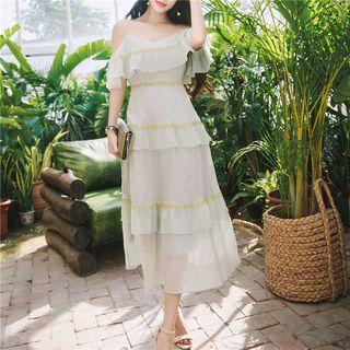 Strappy Ruffle Trim Midi A-line Dress