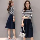 Set: 3/4 Sleeve Striped Top + A-line Skirt