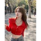Long-sleeve Wide-collar Button-up Knit Top Red - One Size
