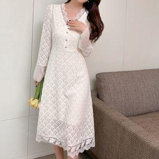 Long-sleeve Mesh Panel Lace Midi A-line Dress