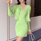 Set: Plain Cardigan + Lettering Spaghetti Strap Mini Knit Sheath Dress