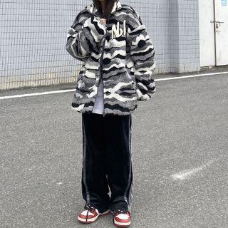 Lettering Camouflage Fleece Zip Jacket