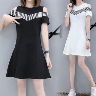 Short-sleeve Cutout Striped Panel A-line Mini Dress