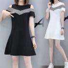 Short-sleeve Cutout Striped Panel A-line Mini Dress