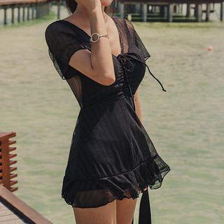 Short-sleeve Open-back Mesh Swimdress