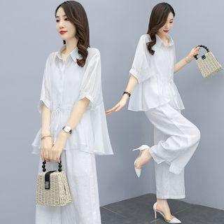 Set: Elbow-sleeve Drawstring Shirt + Wide-leg Pants