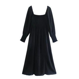 Long-sleeve Square-neck Chiffon Panel Midi A-line Dress