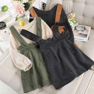 Set: Fringed Sweater + Paperbag-waist Corduroy Jumper Skirt