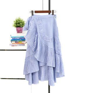 Frill-hem Striped Asymmetric Skirt Blue - One Size