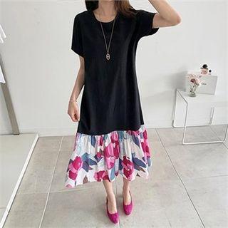 Round-neck Pattern-hem Midi Dress