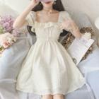 Floral Puff-sleeve Mini A-line Dress White - One Size