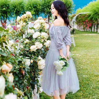 Mesh Overlay Off Shoulder 3/4 Sleeve Midi Dress