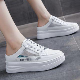 Platform Lettering Mesh Panel Sneaker Mules