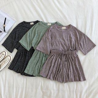 Set: Loose-fit Crewneck Short-sleeve Knit Top + High-waist Wide-leg Shorts